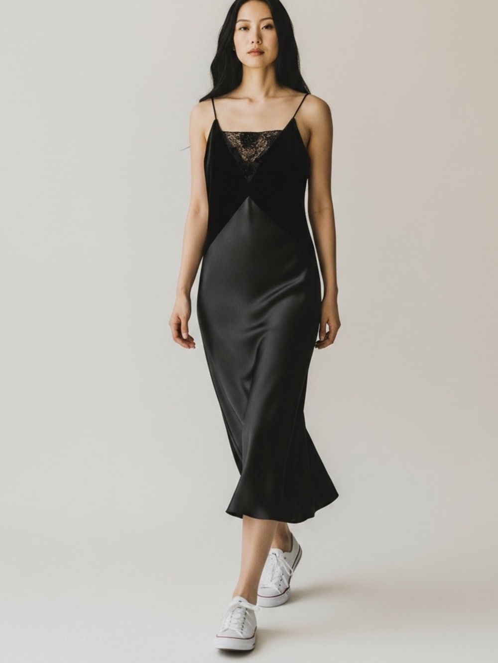 Zara Black Satin Chemise with Lace Detail